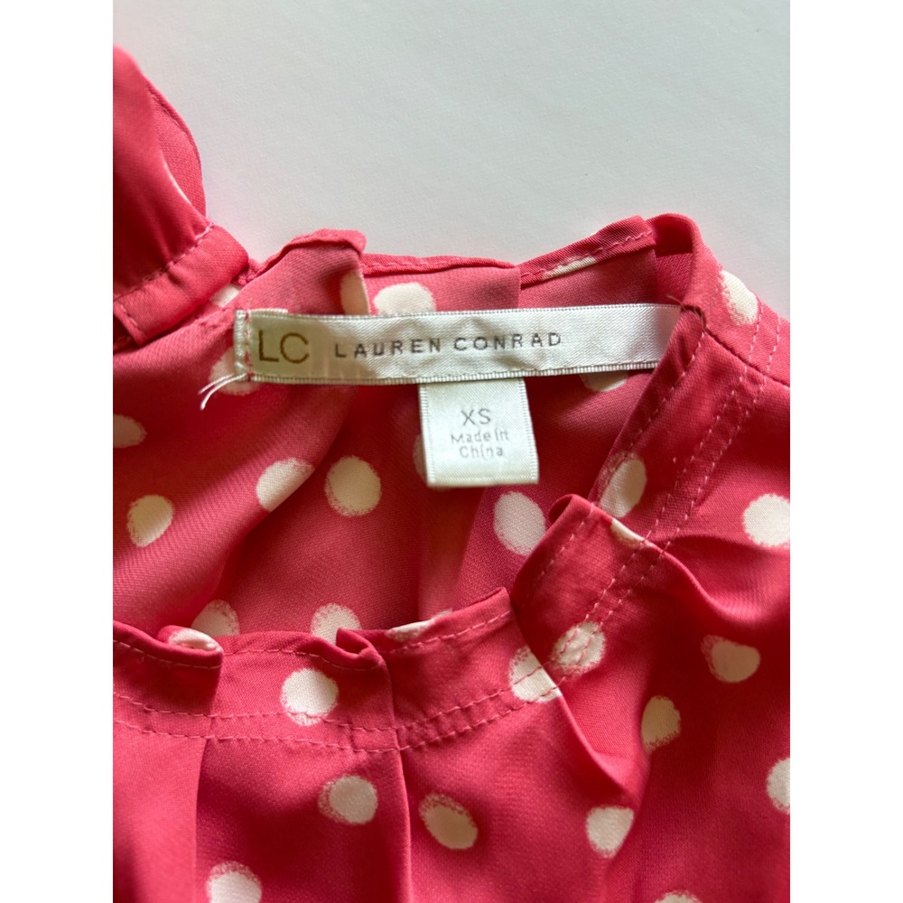 Pink Polka Dot Cap Sleeve Tie Back Blouse Top XS Barbie Work Wear Office Wear - Picture 7 of 9